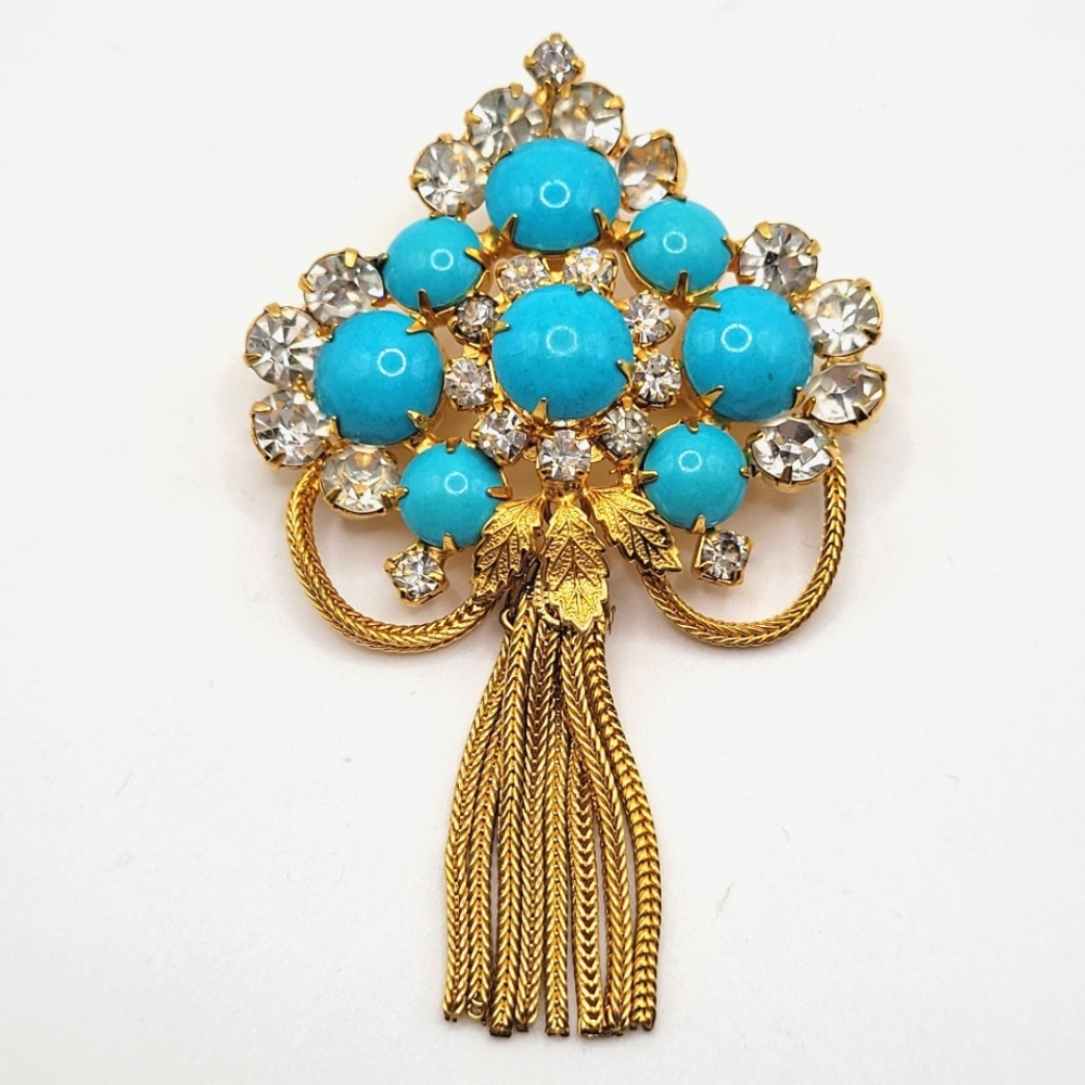 VTG Faux Turquoise & Clear Rhinestones Tassel Brooch | Juliana? Schreiner?